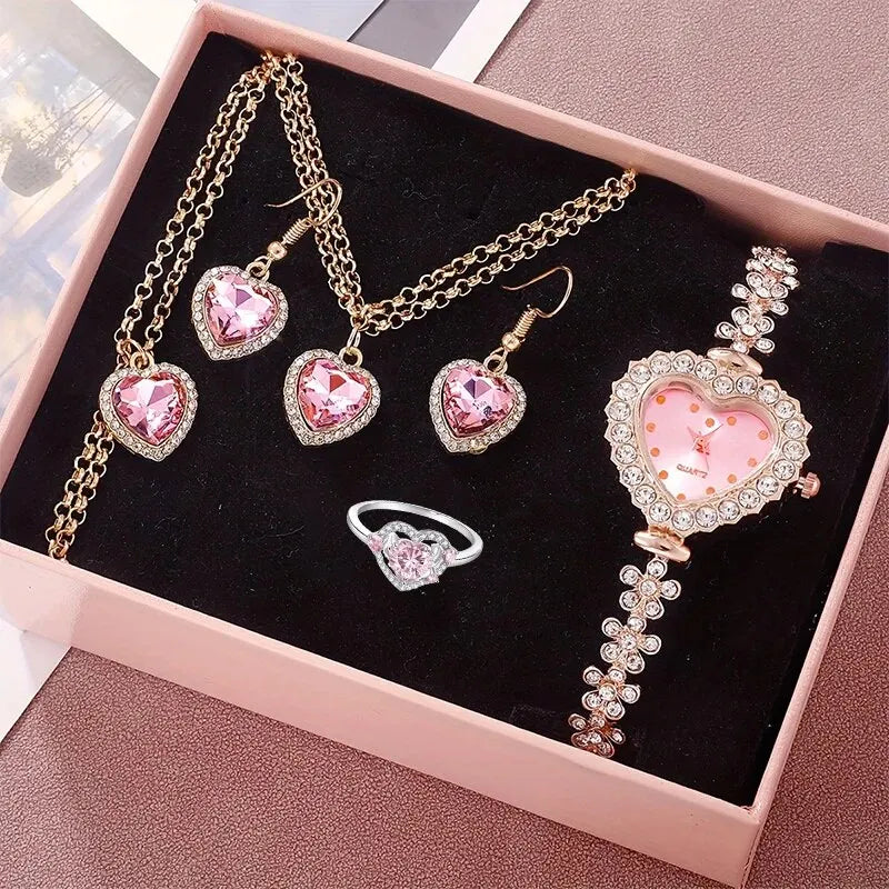 6pcs Women's Watch Rhinestone Heart Pointer Quartz Watch Cute Bracelet Wrist Watch &amp; Jewelry Set, Gift For Her