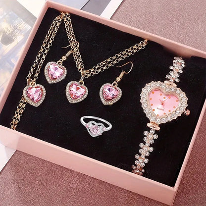 6pcs Women's Watch Rhinestone Heart Pointer Quartz Watch Cute Bracelet Wrist Watch &amp; Jewelry Set, Gift For Her