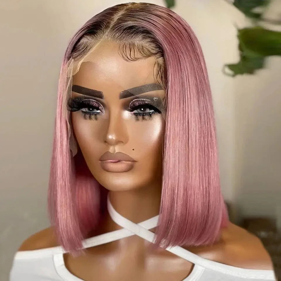 Short Cut Colored Pink Bob T Part Lace Wigs Human Hair Wigs 180D Transparent Ombre Pink Brazilian Straight Lace Front Wigs