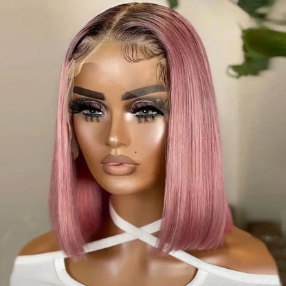 Short Cut Colored Pink Bob T Part Lace Wigs Human Hair Wigs 180D Transparent Ombre Pink Brazilian Straight Lace Front Wigs