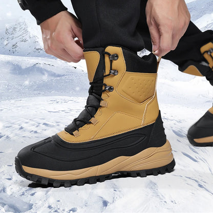 Men's Winter High-Top Snow Boots with Fleece Lining Thickened Waterproof Non-Slip Warm and Cold-Resistant Cotton Hiking Shoes