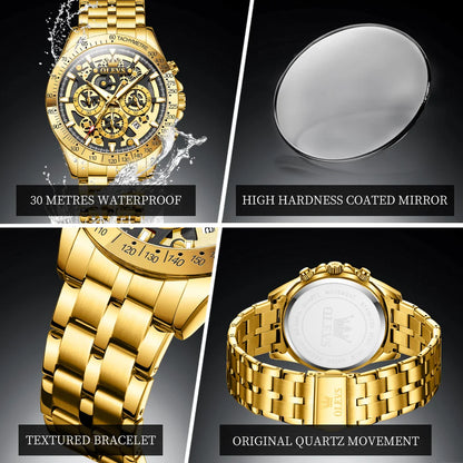 OLEVS Lxuxry Brand Gold Men's Watches Full Skeleton Stainless steel Chronograph Wristwatch Waterproof Luminous Quartz Watch Men