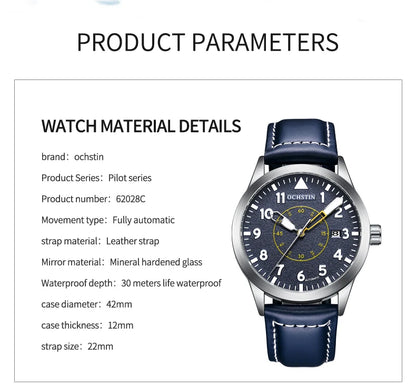 OCHSTIN Men Automatic Mechanical Movement Watch Leather Strap Nylon Male Clock Fashion Waterproof for Men Gift Wirstwatches