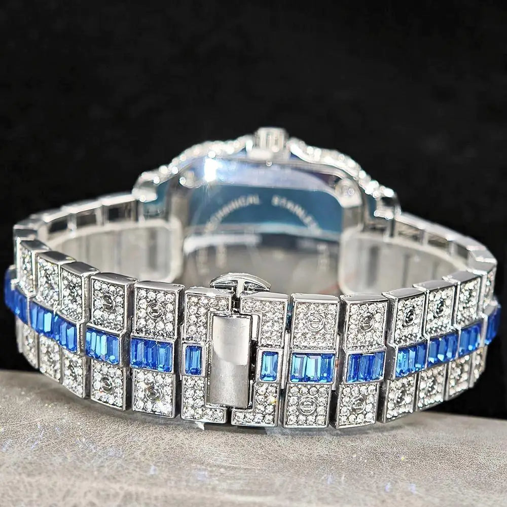 Hot Sale Blue Iced Watch For Man Fashion Colorful Roman Literal Quartz Watch Hip Hop Diamond Jewelry Square Wrist Watch Men Gift