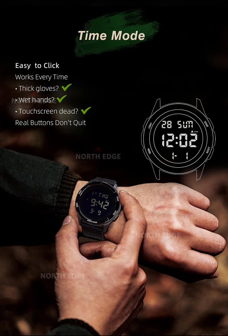 NORTH EDGE 2025 TERRAX Men's Digital Military Watches Outdoor Sports Swimming Waterproof 50M Stopwatch Countdown Light Watch Men