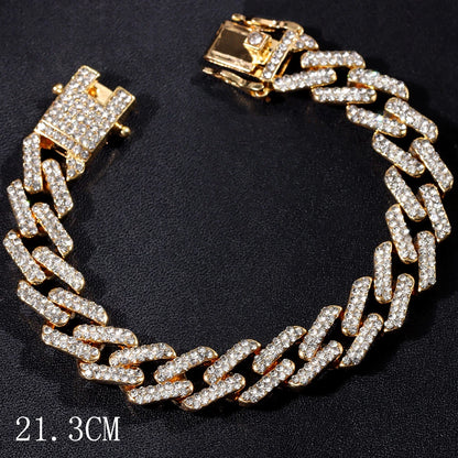 Fashion Bling Paved Rhinestone Prong Cuban Chain Bracelet for Women Men Hip Hop Iced Out Chunky Link Chain Bracelets New Jewelry