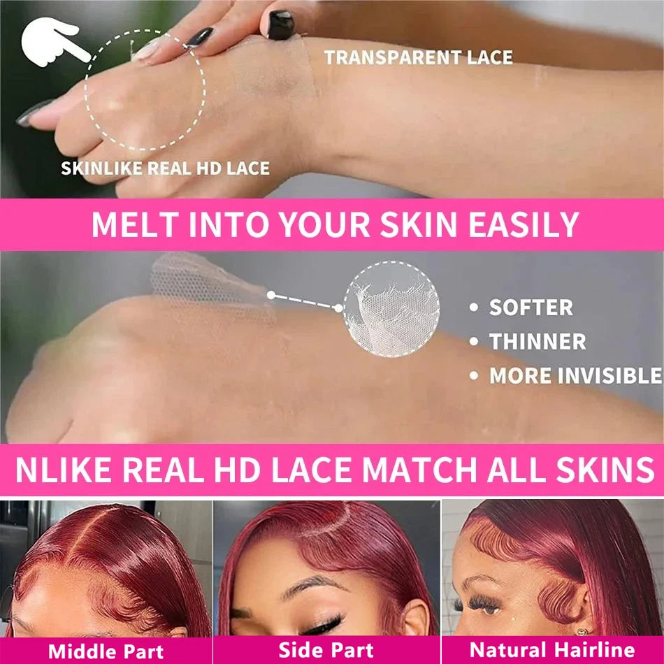 99J Colored Lace Front Human Hair Wigs Straight Burgundy 13x4  Transparent Full Lace Frontal Wig Red Brazilian Wigs For Women