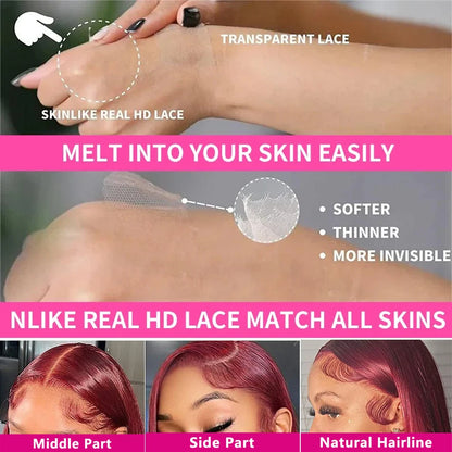 99J Colored Lace Front Human Hair Wigs Straight Burgundy 13x4  Transparent Full Lace Frontal Wig Red Brazilian Wigs For Women
