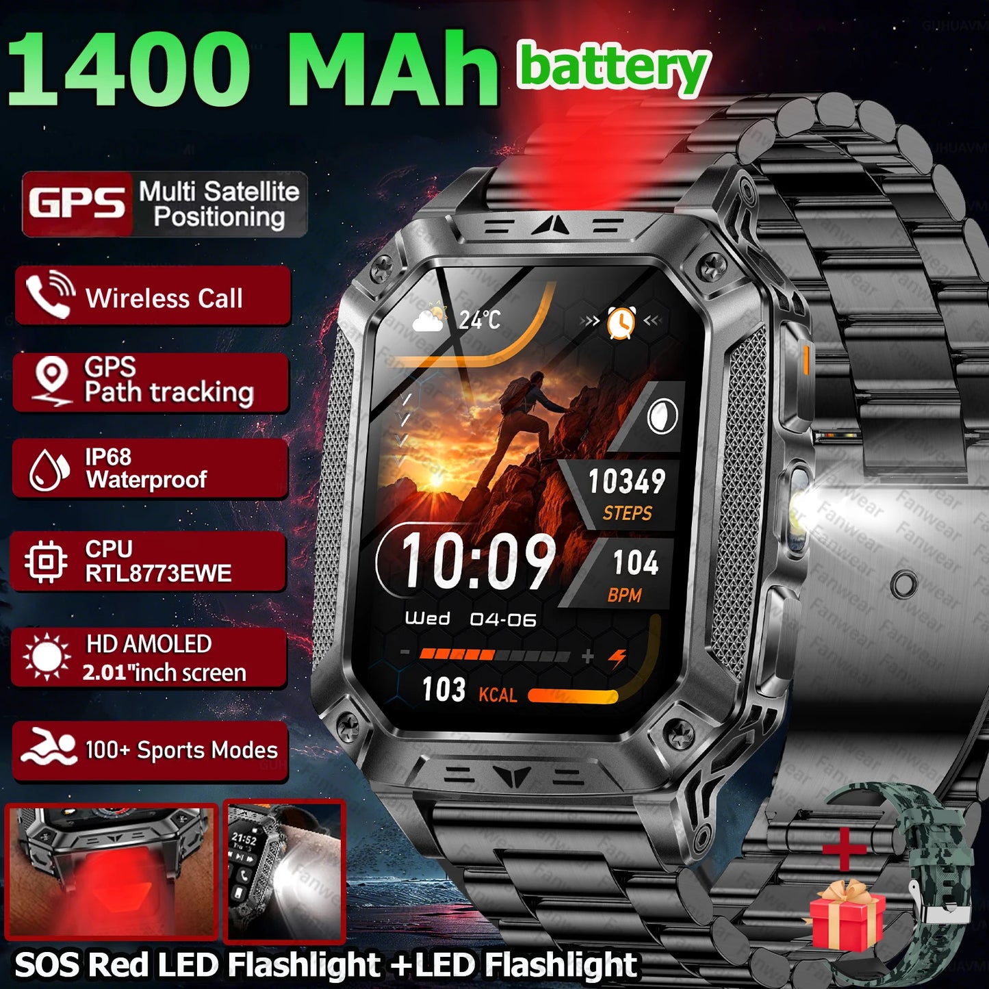 Robust military smart watch 1400Mah battery fitness tracking 10ATM waterproof tactical sports flashlight men's phone watch