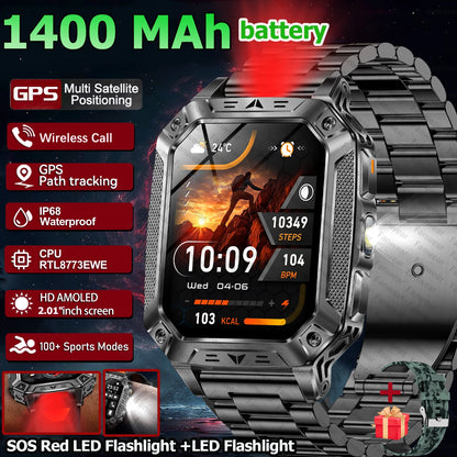 Robust military smart watch 1400Mah battery fitness tracking 10ATM waterproof tactical sports flashlight men's phone watch