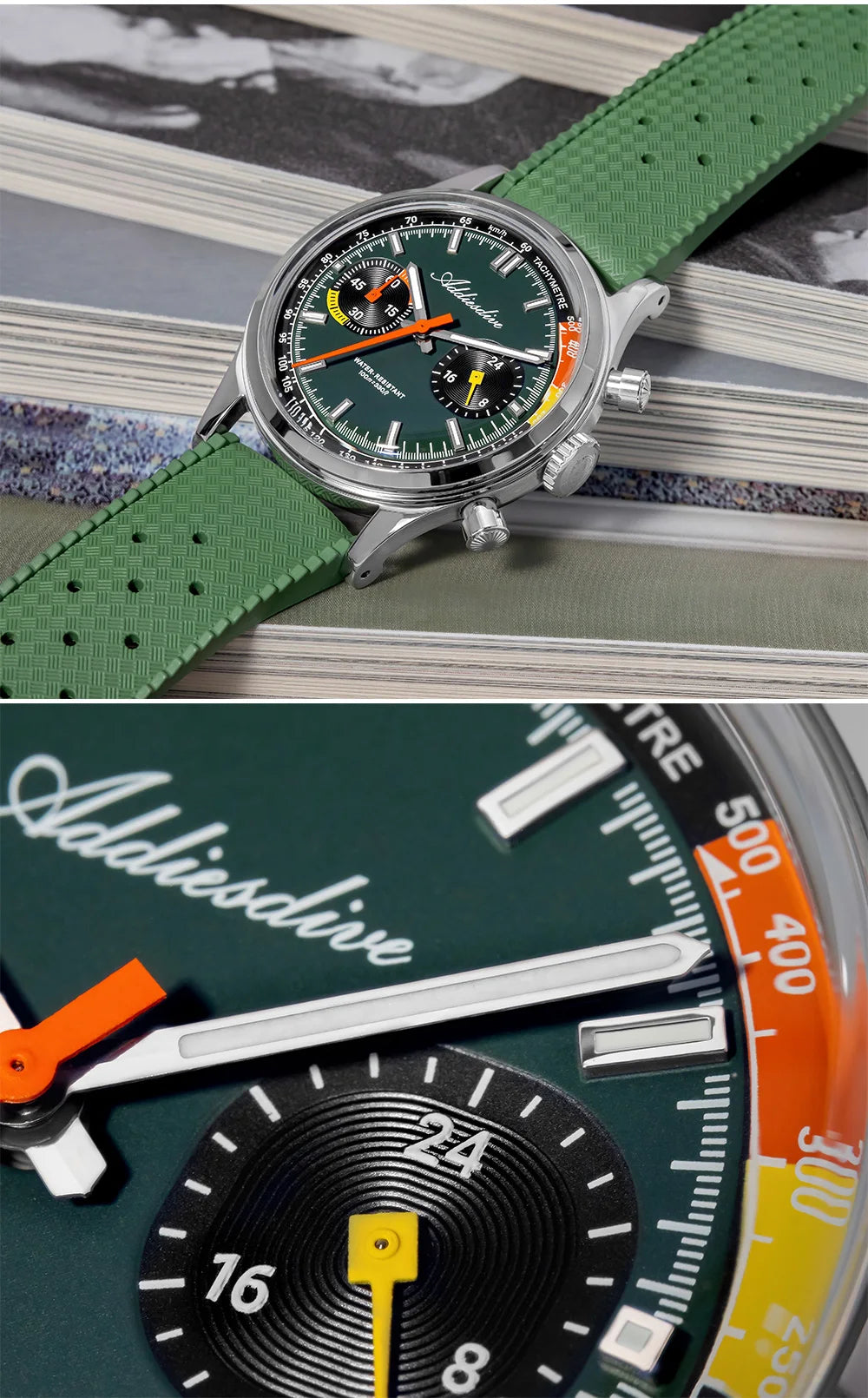 ADDIESDIVE New Men Watch 38mm VK64 Chronograph Fluororubber Luxury Domed Glass BGW9 Luminous 100m Waterproof Quartz Wristwatch