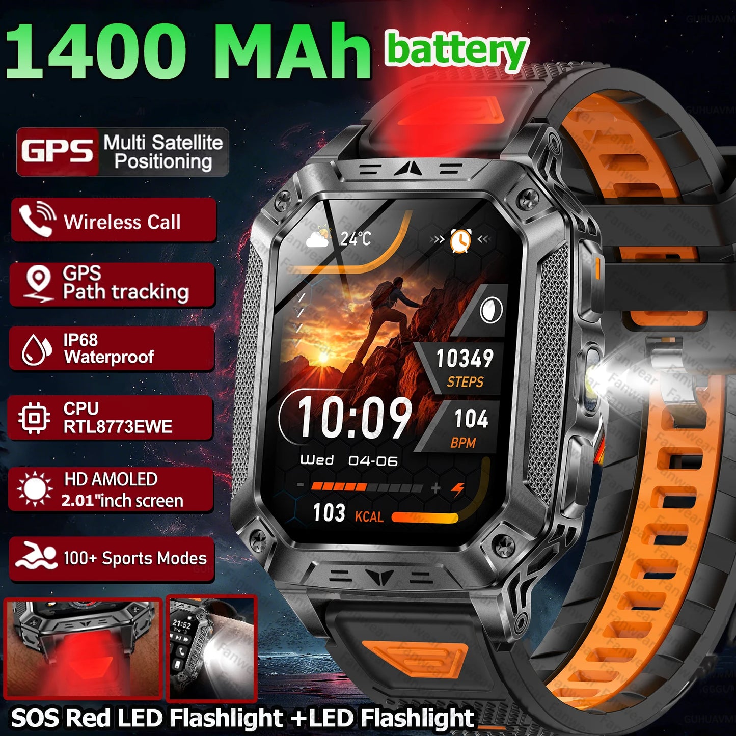 Robust military smart watch 1400Mah battery fitness tracking 10ATM waterproof tactical sports flashlight men's phone watch