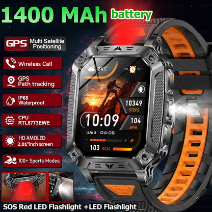 Robust military smart watch 1400Mah battery fitness tracking 10ATM waterproof tactical sports flashlight men's phone watch