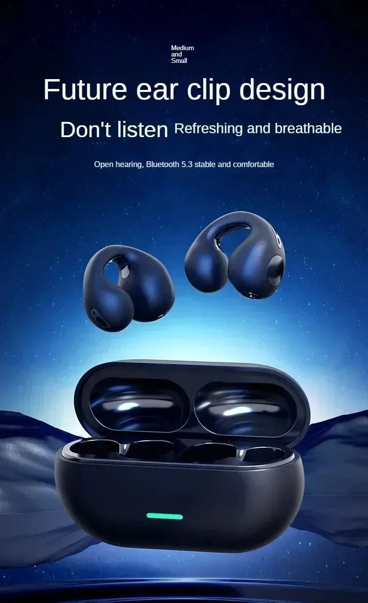 Bluetooth Earphone 5.3 Wireless Bone Conduction Headphones Clip Ear Music Noise Canceling HD Call Sports Gaming Earphone