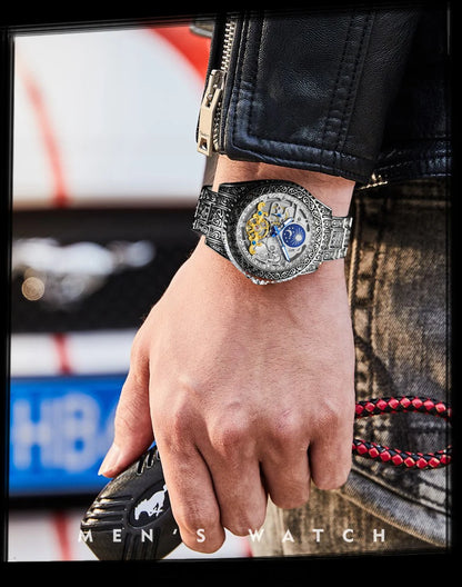 Forsining Luxury Transparent Skeleton Automatic Mechanical Wristwatch Stainless Steel Moonphase Watch Mens Clock reloj hombre