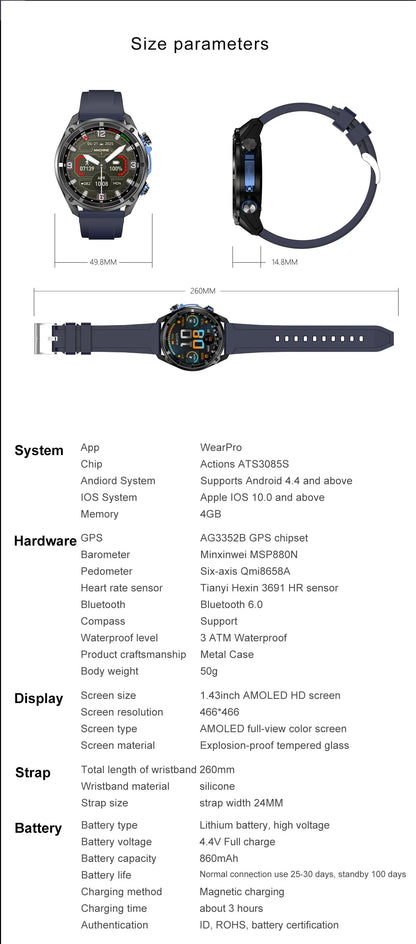 2026 Men GPS New Offline Map Smart Watch 10ATM Waterproof 4GB Route Navigation Clock 1000mAh Battery Outdoors Military Watches
