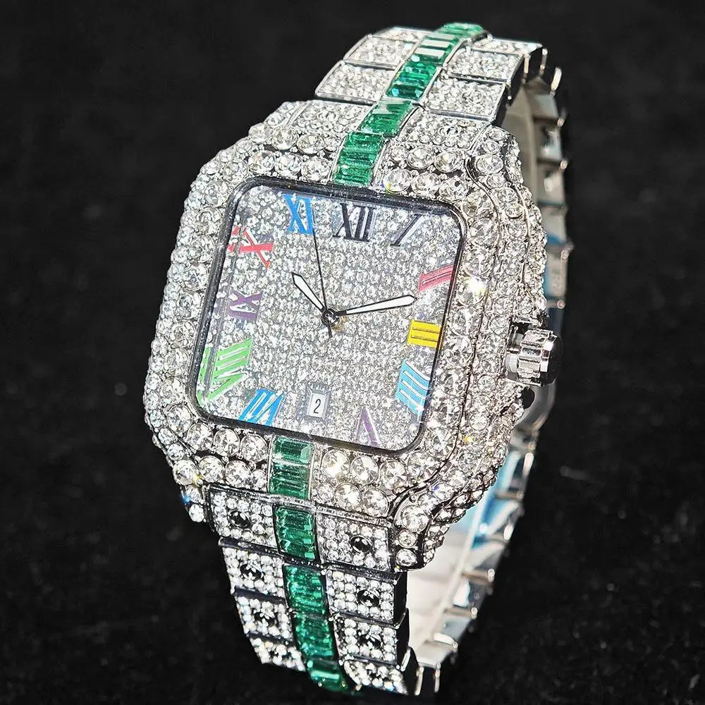 Hot Sale Blue Iced Watch For Man Fashion Colorful Roman Literal Quartz Watch Hip Hop Diamond Jewelry Square Wrist Watch Men Gift