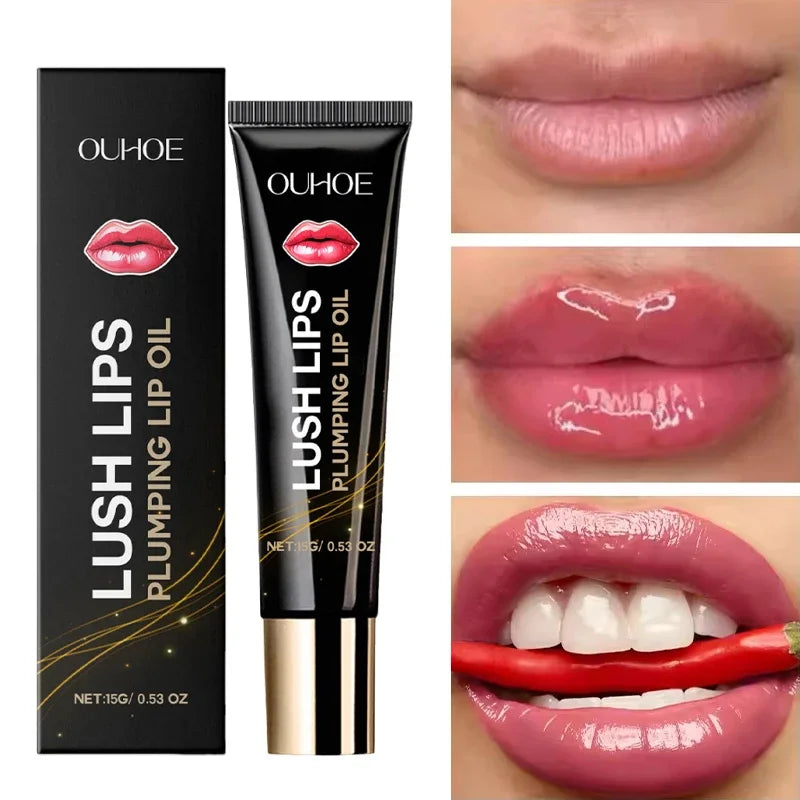 Lip plumper oil, instant volumizer, increases lip elasticity, long-lasting hydration, lip gloss, sexy beauty makeup.