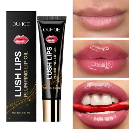 Lip plumper oil, instant volumizer, increases lip elasticity, long-lasting hydration, lip gloss, sexy beauty makeup.