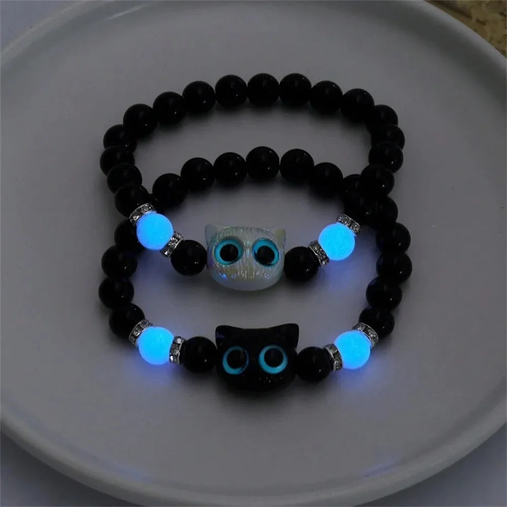 Matching bracelets for couples, women, men, luminous, cute cat friendship bracelet, black and white cat head bracelets, glow in the dark gift.