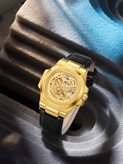 LONGLUX automatic mechanical watch outdoors simple luxury watches waterproof cheap wholesale skeleton leather mens watch gift