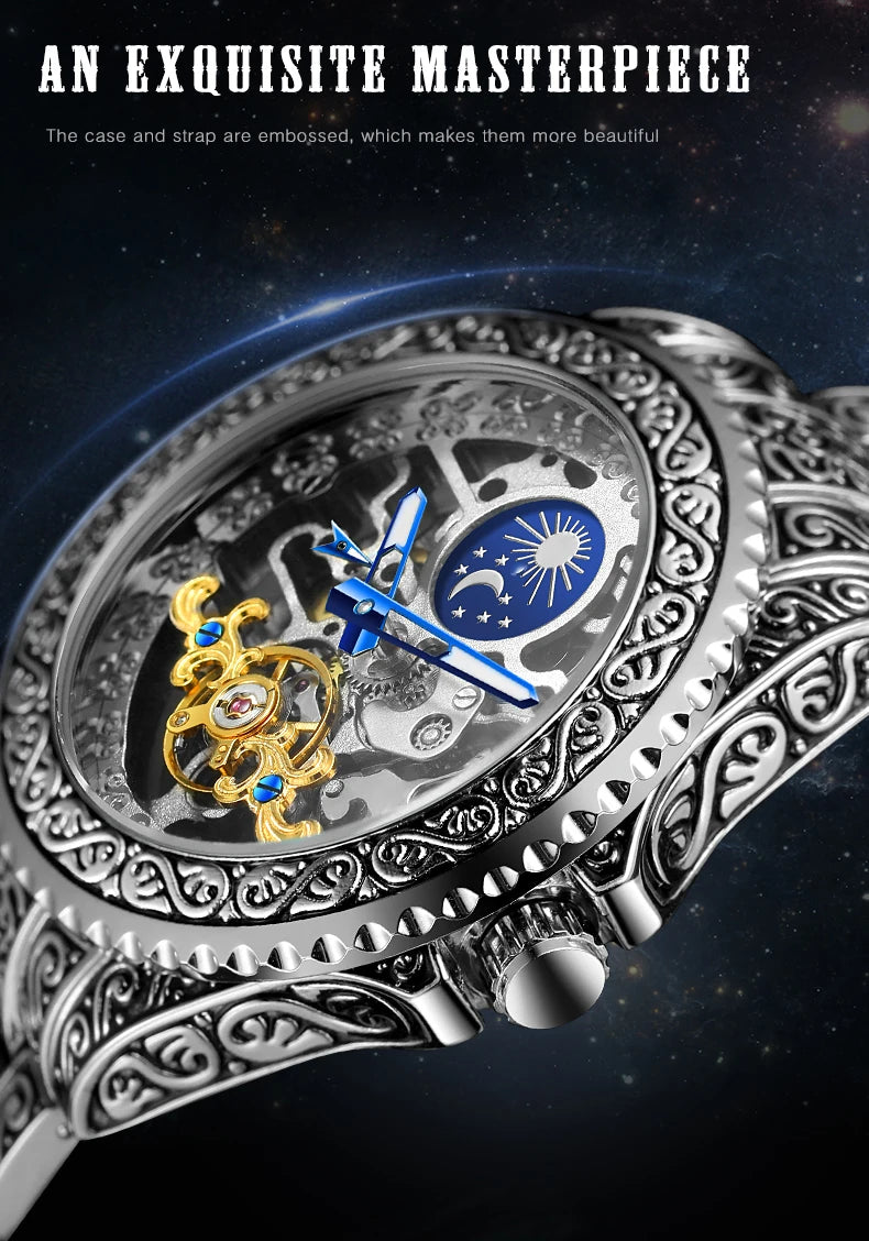 Forsining Luxury Transparent Skeleton Automatic Mechanical Wristwatch Stainless Steel Moonphase Watch Mens Clock reloj hombre