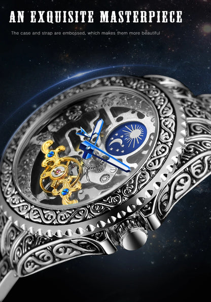 Forsining Luxury Transparent Skeleton Automatic Mechanical Wristwatch Stainless Steel Moonphase Watch Mens Clock reloj hombre