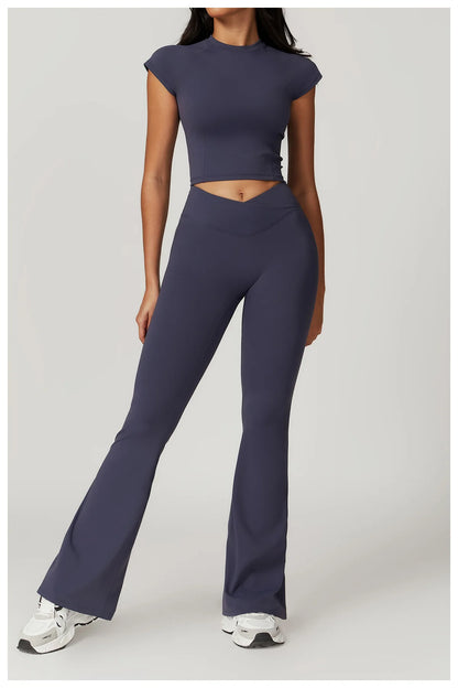 Women Sportswear Yoga Set 2PCS Sport Suit Gym Workout Clothes Short Sleeve Gym Crop Top High Waist Leggings Fitness Sports Wear