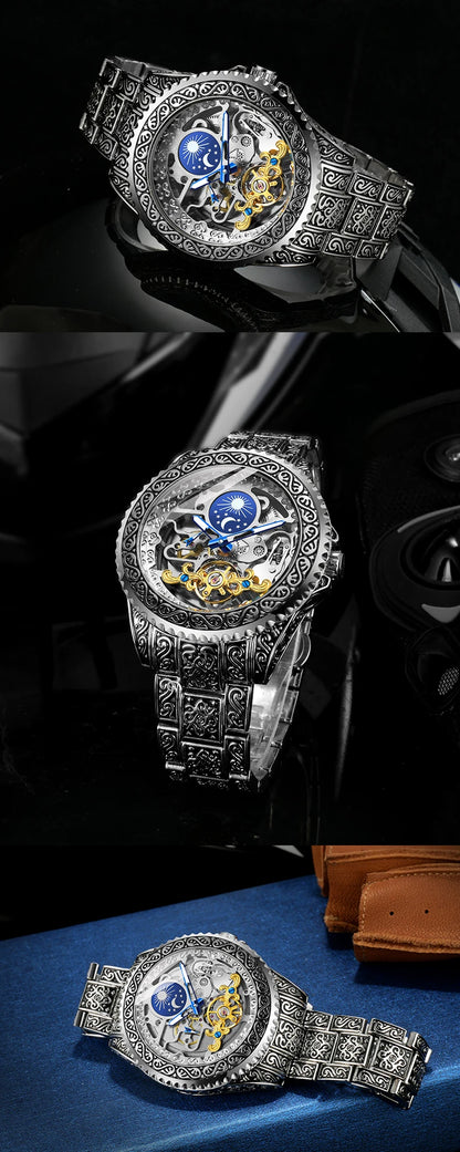 Forsining Luxury Transparent Skeleton Automatic Mechanical Wristwatch Stainless Steel Moonphase Watch Mens Clock reloj hombre