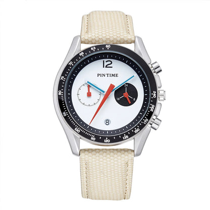 Round Sports Watch for Men Stopwatch Light Luxury Retro Leather Watch Strap Advanced Genuine Quartz Watch Waterproof Men's Watch