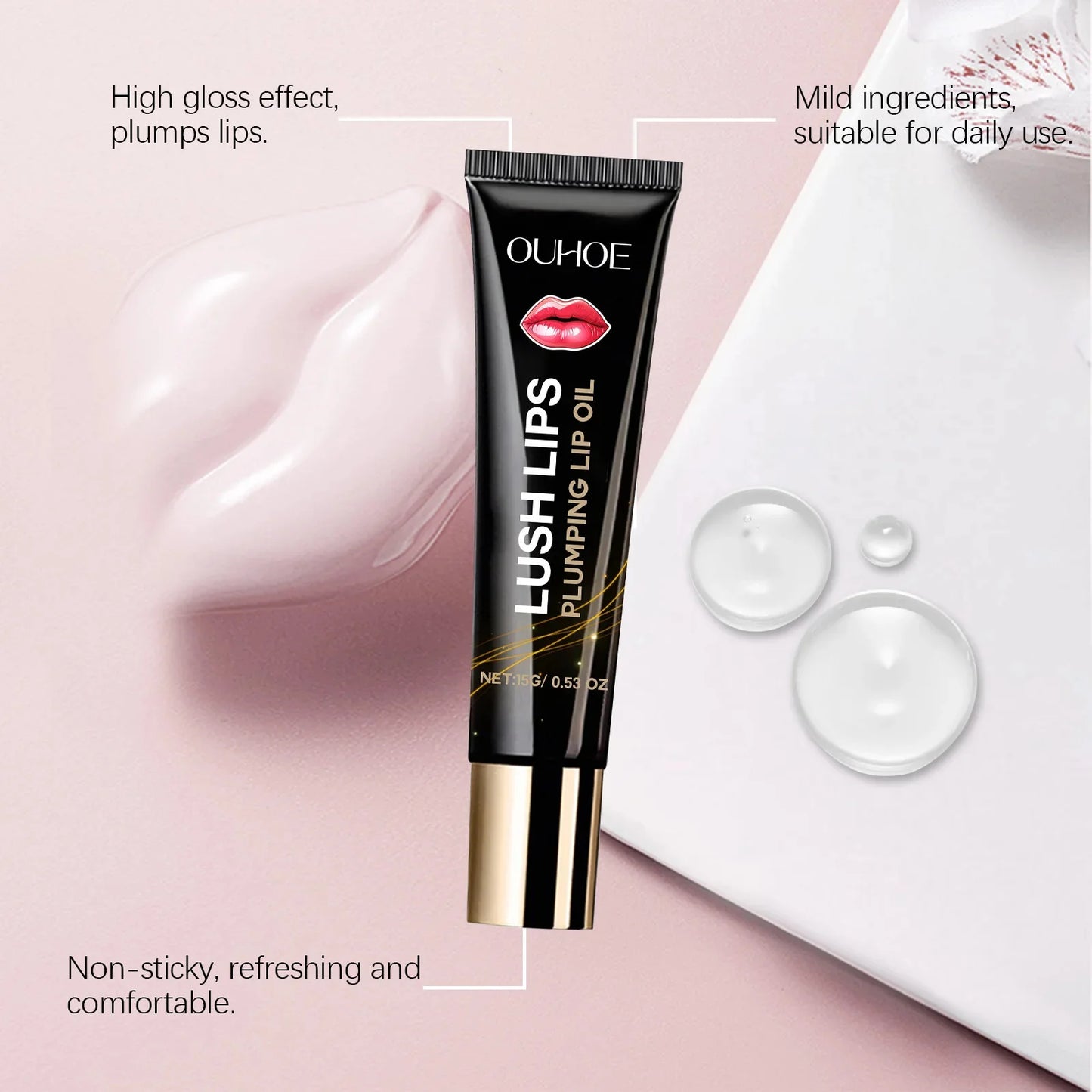 Lip plumper oil, instant volumizer, increases lip elasticity, long-lasting hydration, lip gloss, sexy beauty makeup.