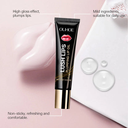 Lip plumper oil, instant volumizer, increases lip elasticity, long-lasting hydration, lip gloss, sexy beauty makeup.