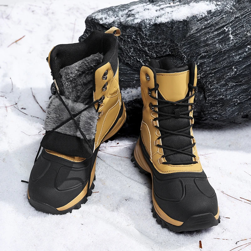 Men's Winter High-Top Snow Boots with Fleece Lining Thickened Waterproof Non-Slip Warm and Cold-Resistant Cotton Hiking Shoes