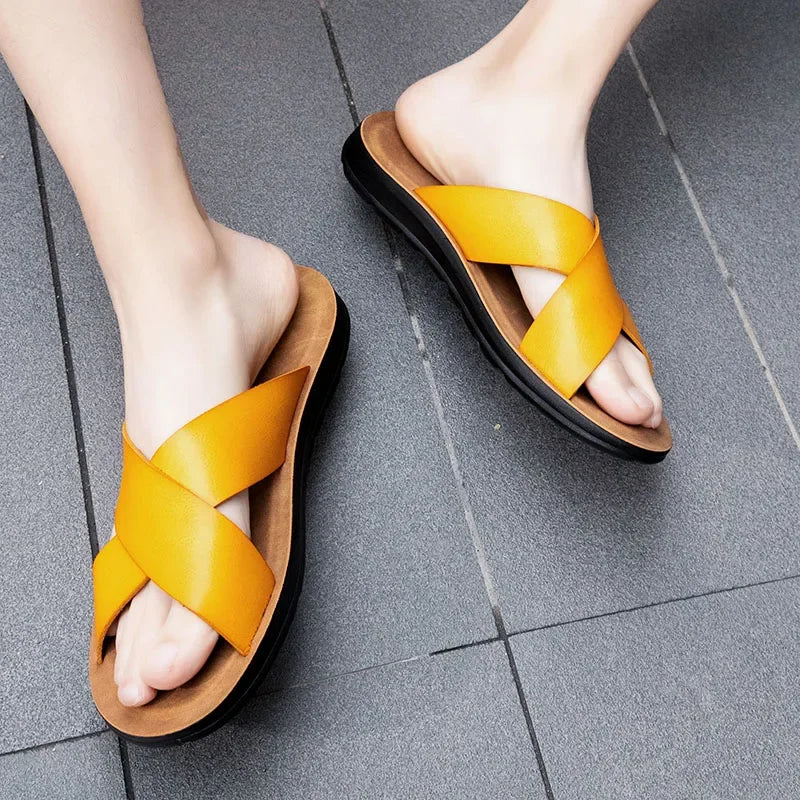 Men Shoes New  Summer Shoes Italian Leather Slippers Men High Quality Size 38-47 Beach Slip on Flats Man Flip Flops Mens Sandals