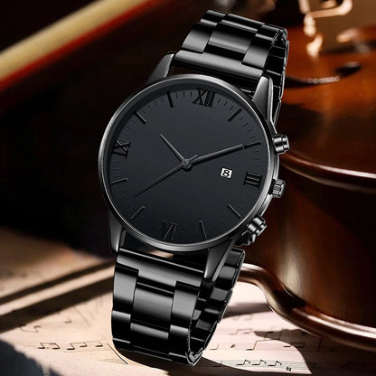 4PCS Men's Watch Set Business Versatile Simple Quartz Watch Bracelet Necklace Ring Set for Daily Clothing Matching