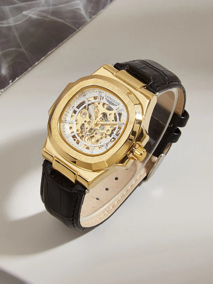 LONGLUX automatic mechanical watch outdoors simple luxury watches waterproof cheap wholesale skeleton leather mens watch gift
