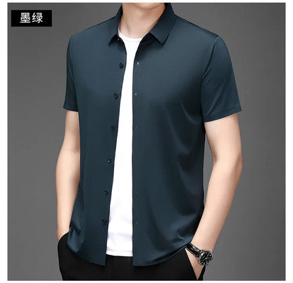 Men's Ultra Stretch Short Sleeve T-Shirt Business Casual Breathable Stretchable Abrasion-Resistant Solid Color Short Sleeve Shirt
