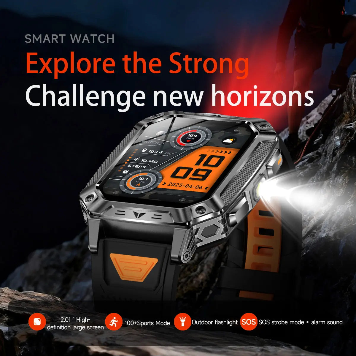 Robust military smart watch 1400Mah battery fitness tracking 10ATM waterproof tactical sports flashlight men's phone watch
