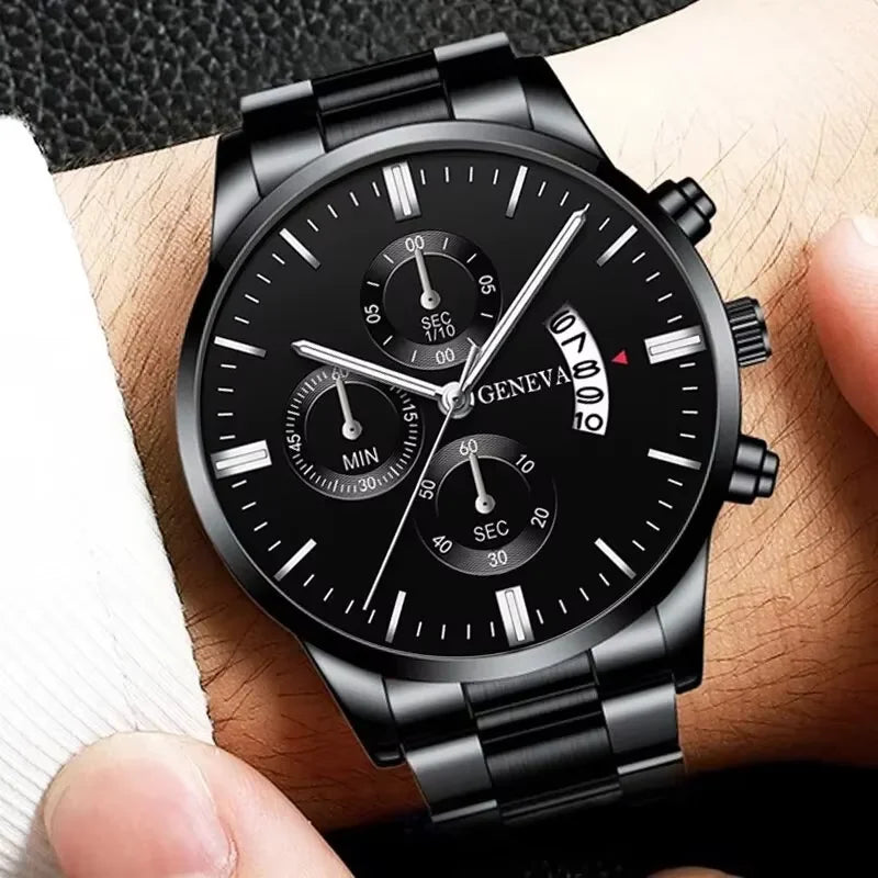3PCS Men's Watch Set Business Trend Classic Round Dial Quartz Watch Bracelet Necklace Set Perfect Gift for Friends or Dad