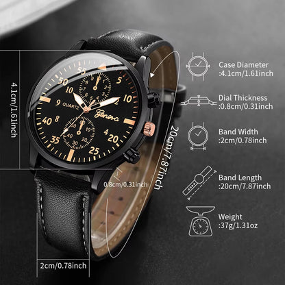 4PCS Men's Business Watches Fashion Leather Band Analog Quartz Watch with Woven Bracelets Set（Without Box）