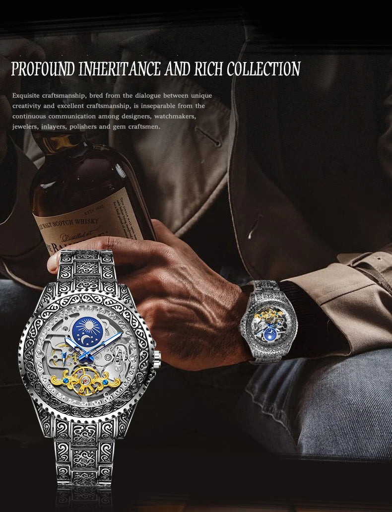 Forsining Luxury Transparent Skeleton Automatic Mechanical Wristwatch Stainless Steel Moonphase Watch Mens Clock reloj hombre