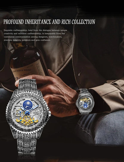 Forsining Luxury Transparent Skeleton Automatic Mechanical Wristwatch Stainless Steel Moonphase Watch Mens Clock reloj hombre