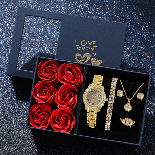 6Pcs Fashion Luxury Women Watch Necklace Earrings Ring Set For Women Rhinestone Wristwatch Bracelet Set Valentine's Day Gift