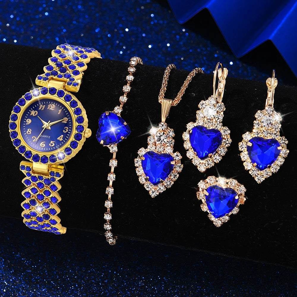 6pcs/set Women's Luxury Rhinestone Quartz Watch Elegant Fashion Analog Wrist Watch & Synthetic Gem Jewelry Set, Gift For Mom Her
