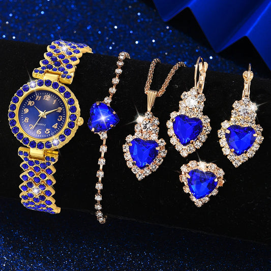 6pcs/set Women's Luxury Rhinestone Quartz Watch Elegant Fashion Analog Wrist Watch & Synthetic Gem Jewelry Set, Gift For Mom Her