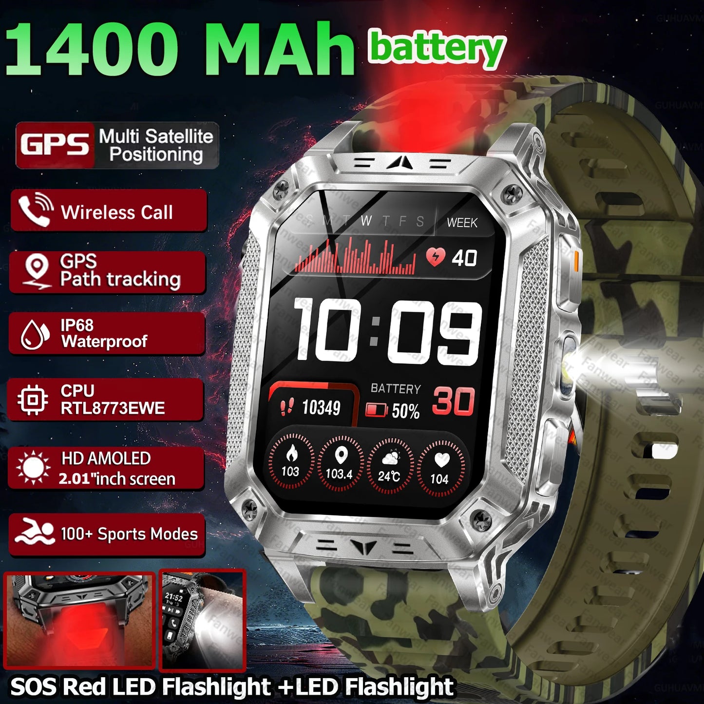 Robust military smart watch 1400Mah battery fitness tracking 10ATM waterproof tactical sports flashlight men's phone watch