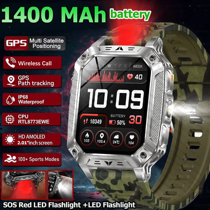 Robust military smart watch 1400Mah battery fitness tracking 10ATM waterproof tactical sports flashlight men's phone watch