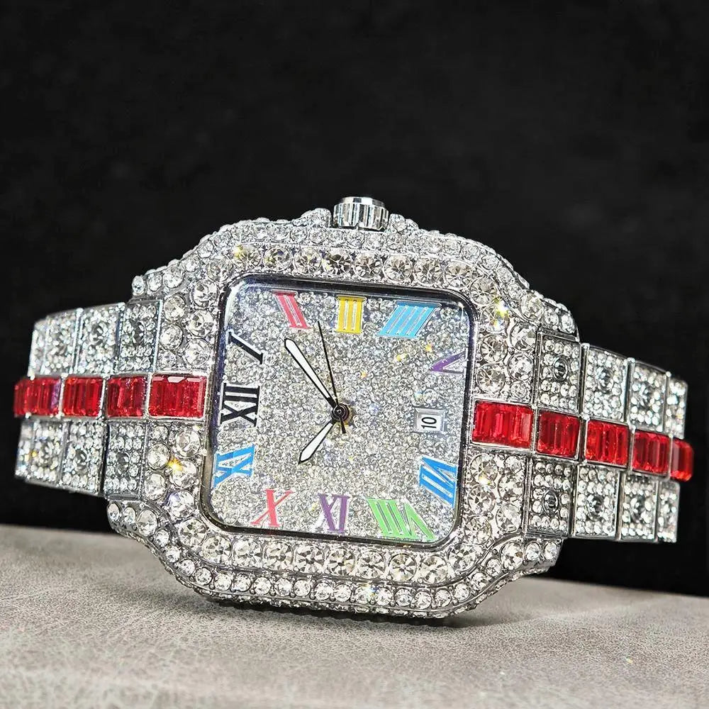 Hot Sale Blue Iced Watch For Man Fashion Colorful Roman Literal Quartz Watch Hip Hop Diamond Jewelry Square Wrist Watch Men Gift