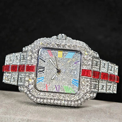 Hot Sale Blue Iced Watch For Man Fashion Colorful Roman Literal Quartz Watch Hip Hop Diamond Jewelry Square Wrist Watch Men Gift