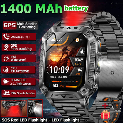Robust military smart watch 1400Mah battery fitness tracking 10ATM waterproof tactical sports flashlight men's phone watch